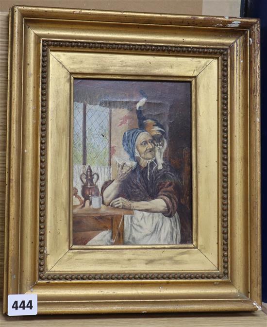 Mudge, Elderly woman with a cat in an interior, signed and dated 1875, oil on canvas, 19 x 14cm